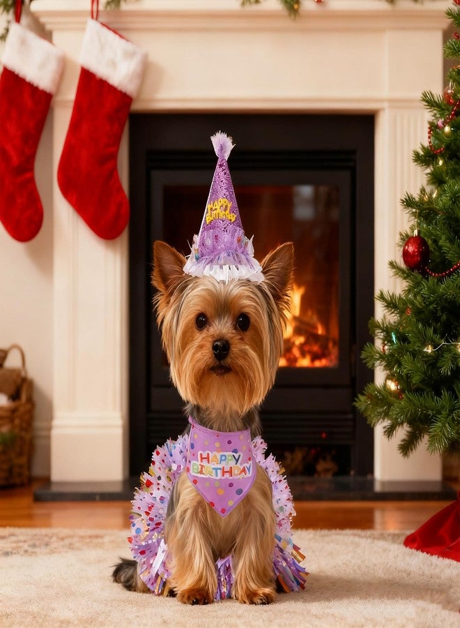 Quilax 3Pcs Dog Birthday Hat with Bandana Dress Girl Set, Cute Dog Tutu Skirt Outfit, Puppy Birthday Party Supplies for Small Medium Large Dogs Decorations(Purple) - Image 5